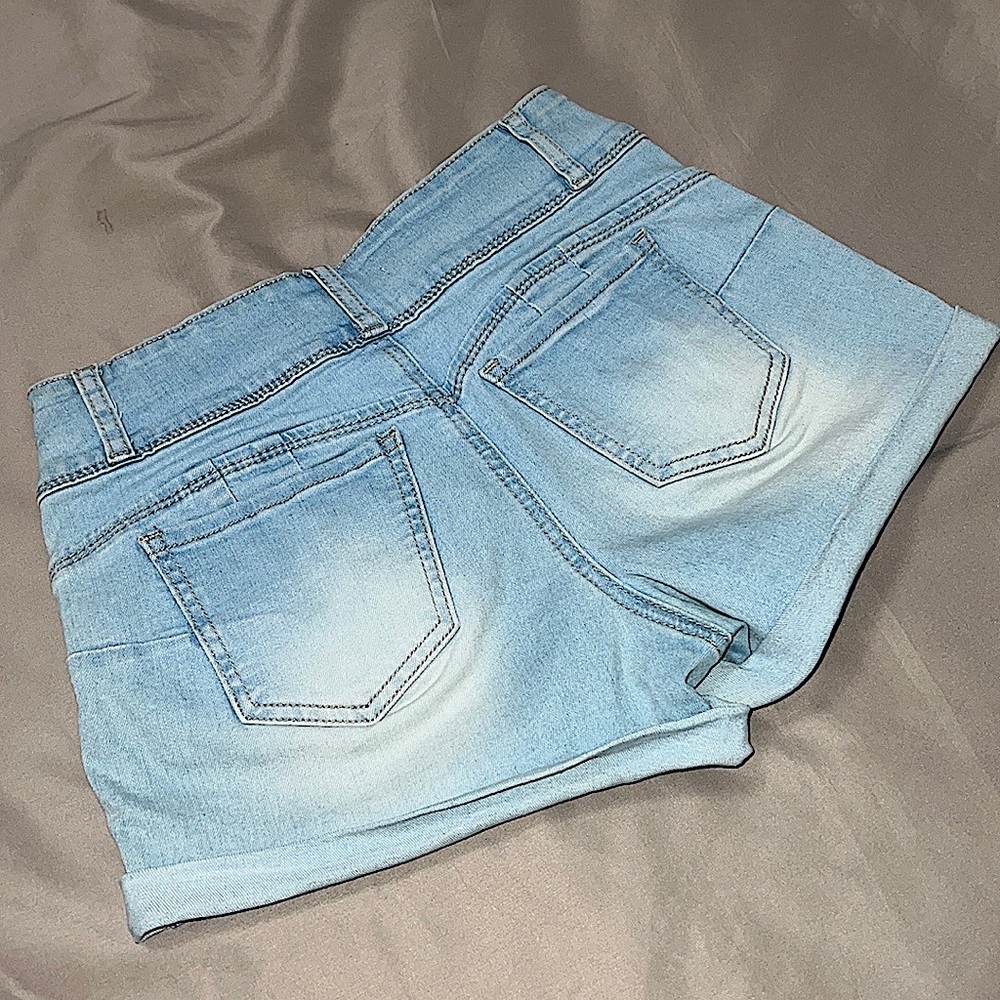 High waist better butt cuffed light wash denim stretch jean shorts